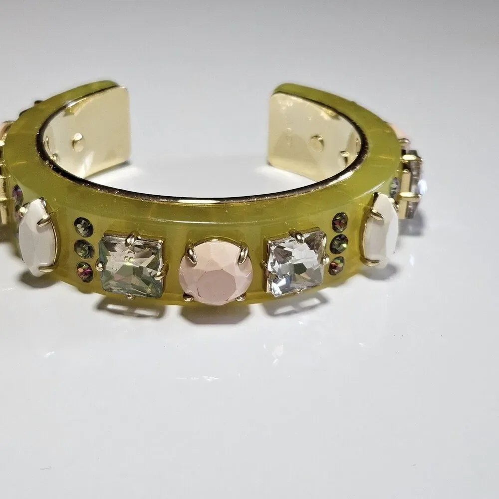 Women’s J. Crew Light Green, Rhinestones Faux Stones Chunky Cuffed Bracelet 6